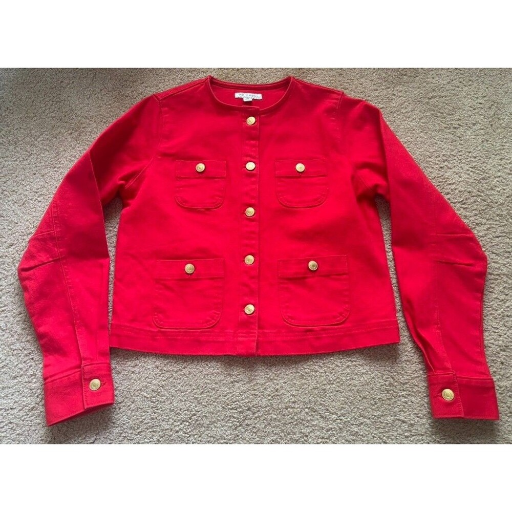 Free Assembly Women's Red Denim Jacket Size X-Small Gold Buttons Cropped